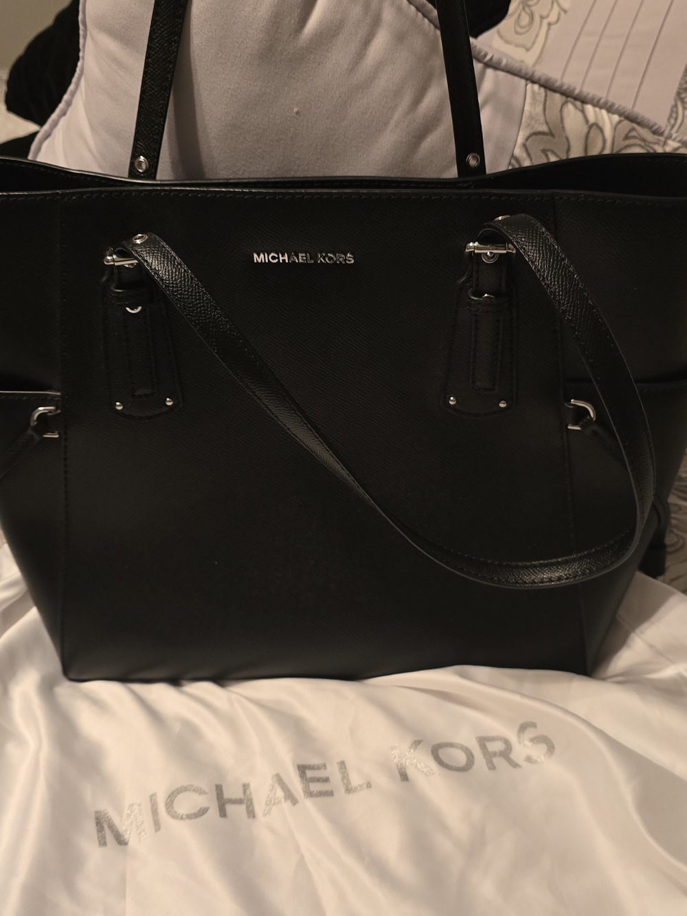 Michael Kors Black Voyager EW Leather Double-Handle Tote W Dust Bag NWT